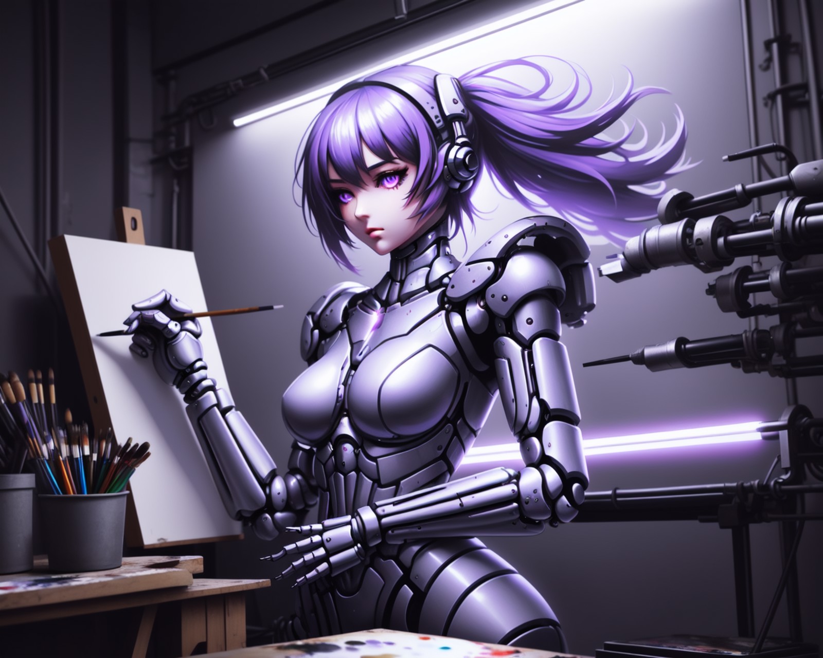 <lora:artist_hands_v2:0.5>, detailed purple cyberpunk android shaped illustration, holding paintbrush, painting (action), ...