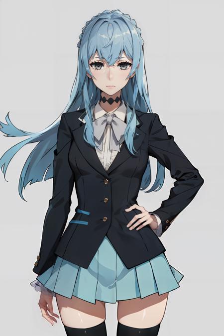 <lora:norikokiznaiver:0.65> norikokiznaiver, solo, 1girl, expressionless, grey eyes, long_hair, choker, thighhighs, portrait, simple_background, blue_background, jacket, looking at viewer,