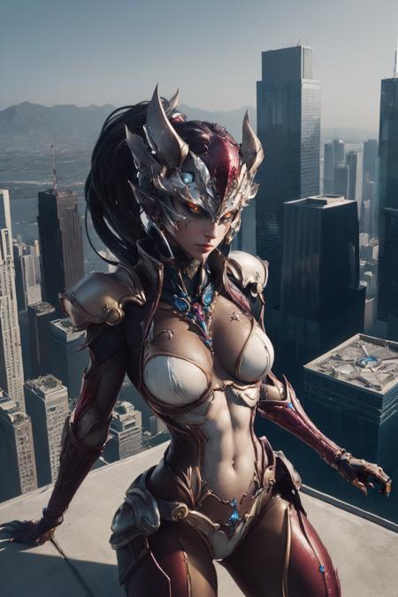 breathtaking Female girl Frost_Apparition hybrid, a highly detailed portrait photograph of an (antropomorphic humanoid) Bloodseeker on the roof of a skyscraper,<lora:TakeyaTakayukiSD1.5-000009:0.7>,  award-winning, professional, highly detailed