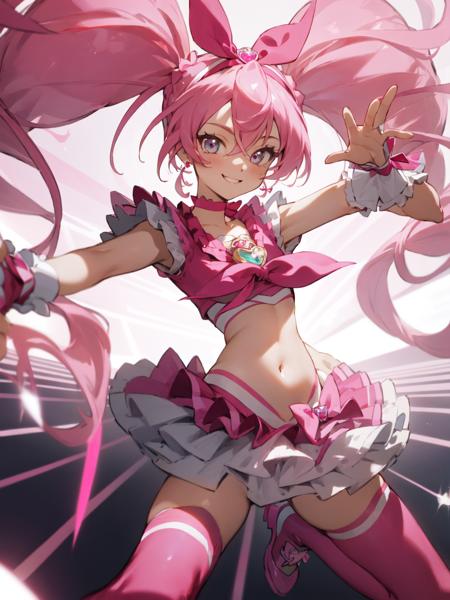 cure melody navel, pink hair ribbon:1.2, hairband, pink thighhighs, pink shoes, wrist cuffs, twintails, gem, frills