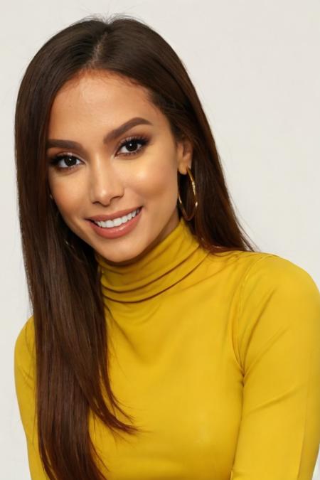 Photo of l4r1554n1t4 woman, yellow turtleneck blouse, smiling