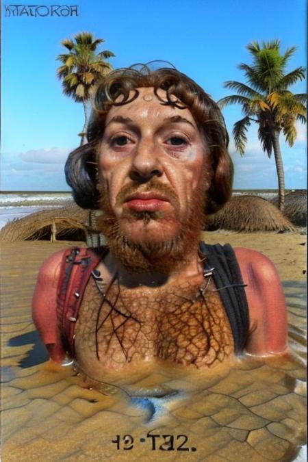 Weirdcore upper body and face of <ffurian> male character face on sand on brazilian beach,  (face portrait 1.6) palm trees, 90VHS, (ffurian man with beard 1.1) (y2k aesthetic 0.8), ms paint style <lora:ms-paint-lora:1> (sunny weather 1.2), the matrix movie, <lora:y2kaesthetic:0.7>, half0ster, bio-organic, organic,