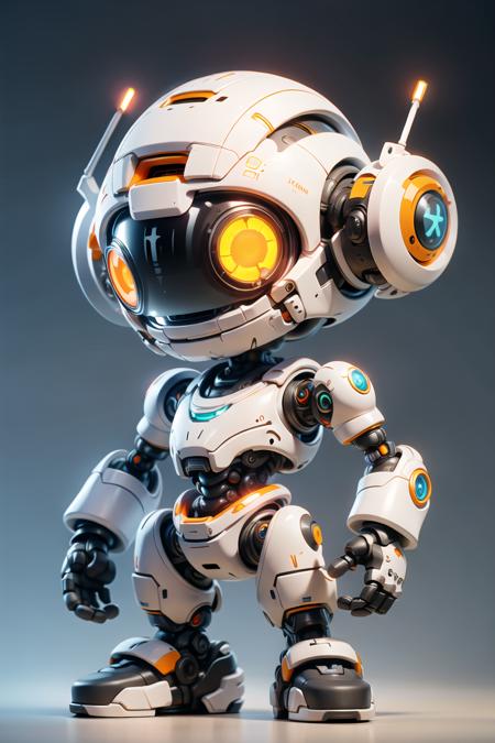 Pixar style,MG_ip,robot,solo,no humans,science fiction,standing,mecha,orange eyes,glowing,chibi,full body,humanoid robot,