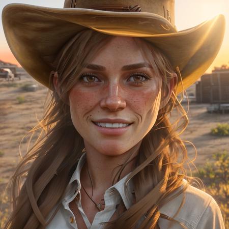 Sadie Adler, 4k, f/1.8, volumetric lighting,  (long, straight hair:1.5), ((brown eyes)), smiling at the camera, wearing a ((cowboy hat)), wearing a white shirt, ((at sunrise))<lora:Sadie Adler:1>