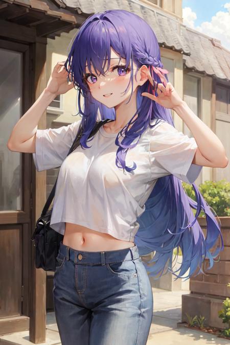 masterpiece, best quality, absurdres, perfect antomy, matou sakura, 1girl, solo, long hair, bangs, breasts, standing, cowboy shot, smile, blush, outdoors, t-shirt, pants, midriff