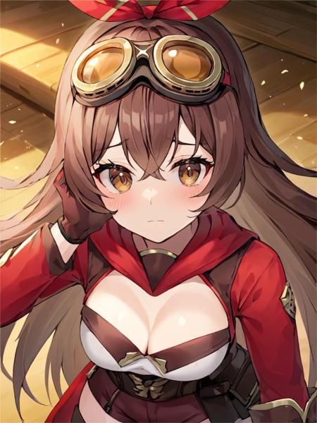 (\an bo\), goggles,long hair,gloves,shorts,brown hair,red thighhighs,cleavage,red ribbon,long sleeves,