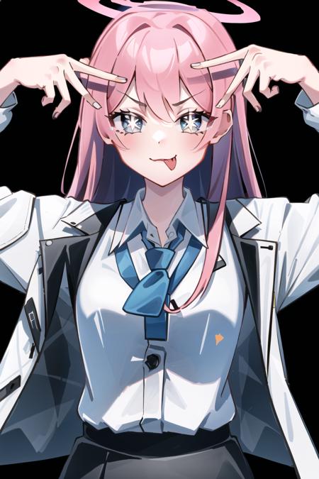 <lora:Hoshino Ai's Pose:0.9>, ai's pose, 1girl, solo, :p, v, black background, double v, symbol-shaped pupils, (masterpiece, best quality:1), 1girl, solo, koyuki, blue necktie, white shirt, white jacket, black skirt, halo, upper body, indoors,
 <lora:kurosakiKoyuki_v1:0.7>