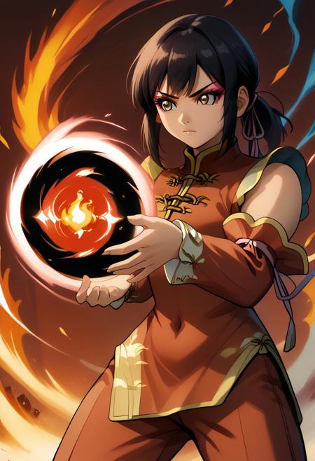 Bakugan,chan lee, black hair, eyeshadow, makeup, brown eyes, ponytail, bangs, chinese clothes, red dress, china dress, pants, pink ribbon, detached sleeves, cowboy shot,