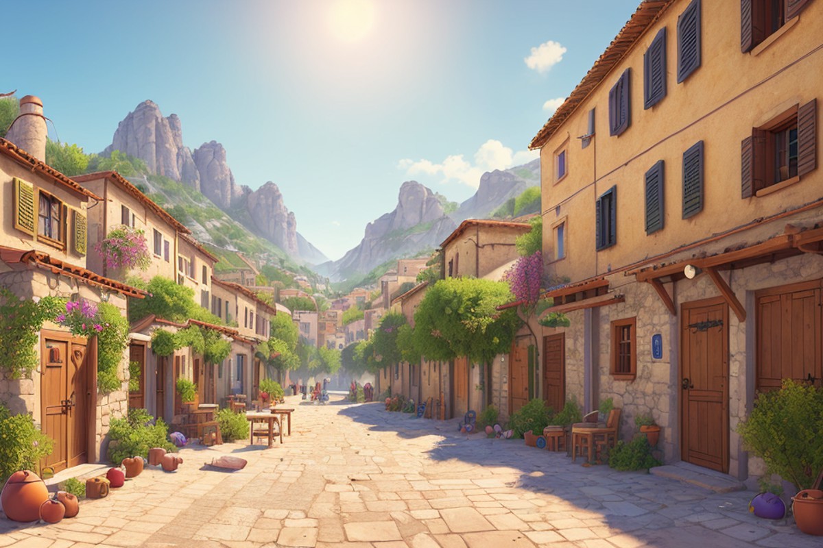 style of (hoppagames:1.0), A rustic Greek village with (Quaint stone houses), (Winding alleyways), (Pristine courtyards), ...