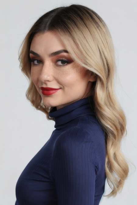 Photo of d3m1h4wk5 woman, detailed face freckless side view, blue turtleneck blouse, makeup, lipstick