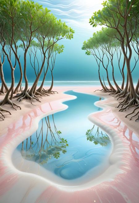 A serene and surreal mangrove forest composed of soft, flowing liquid marble. The liquid marble exhibits smooth and glossy textures, with pastel and pearlescent tones blending harmoniously. Vividly detailed plants emerge from the liquid ground, surrounded by a tranquil liquid beach shimmering with a gentle gradient of soft blues and warm pinks. The ocean stretches endlessly, reflecting soothing light and subtle waves. Human footprints are etched into the liquid sand, hinting at presence but no humans appear. Ultra-realistic, cinematic soft lighting, dreamy and comfortable atmosphere, hyper-detailed,