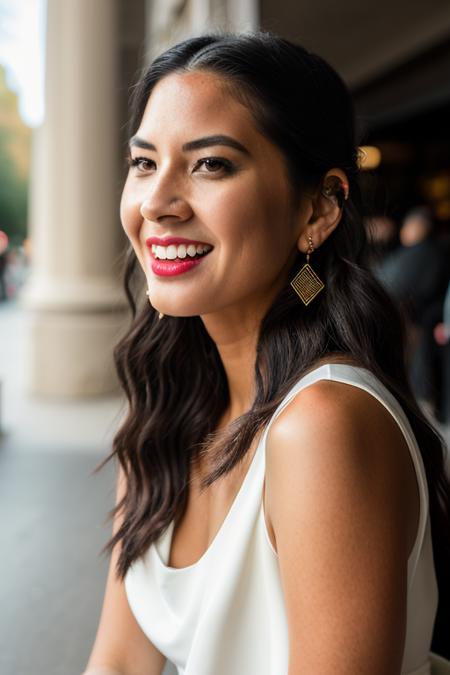 <lora:0l1v14m:1>, Realistic photo of a beautiful 0l1v14m woman, 1girl, solo, long hair, looking at viewer, smile, black hair, dress, brown eyes, jewelry, sitting, earrings, teeth, sleeveless, dark skin, white dress, grin, lips, makeup, sleeveless dress, ring, crossed legs, lipstick, realistic, soft lighting, professional Photography, Photorealistic, detailed, RAW, analog, sharp focus, 8k, HD, DSLR, high quality, Fujifilm XT3, film grain, award winning, masterpiece