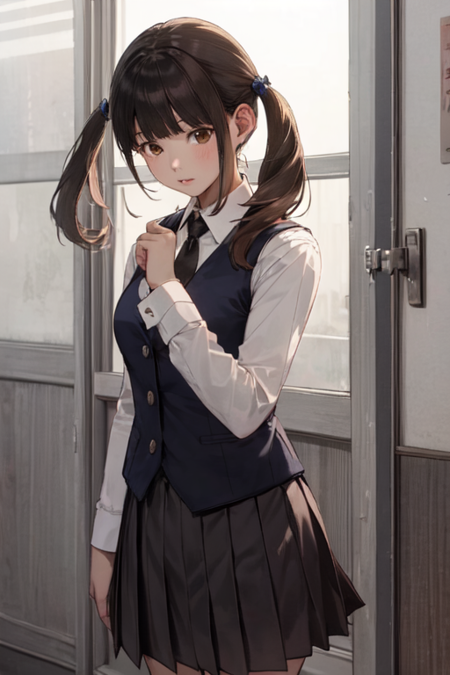 YooJiMin, 1girl, solo, long hair, brown hair, white shirt, vest, black necktie, long sleeves, brown eyes, school uniform, twintails, pleated skirt, collared shirt, blunt bangs, black skirt, 