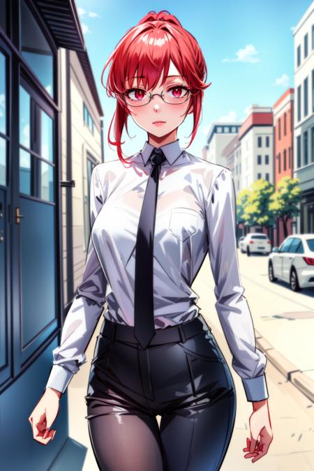 (best quality:1.2), 1girl, (masterpiece:1.2), raytracing, cute face, perfect face, ultra detailed,detailed face, 8k wallpaper, (wide hips:0.8), <lora:more_details:0.5>, KobayashiDragonMaid_NDV, 1girl, red hair, small breasts, ponytail, red eyes, white shirt, tie, black pants, <lora:KobayashiDragonMaid_NDV:0.7>, outdoor, glasses, bussines suit