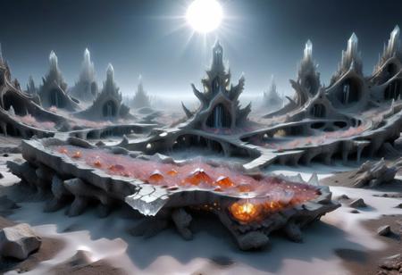 ((masterpiece,best quality)), minimalist, fractals, infrared picture, soft colors, sad theme, desolate brutalist wasteland,  outdoors, sharp crystal field, infrared, fractal cracks in the ground, sadness landscape, broken crystals, toxic ground, giant dark fractal crystals, scenery, massive crystal formations, wet rocks, fractal forest made of crystals and glass, pale sun, fog, very empty space, panoramic, Painstaking Attention To Details, UHD,