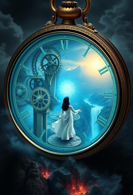 NO SUN IN THE SKY! Envision a surreal, top-down scene with an enormous ancient pocket watch standing upright, its cover open to reveal a magical portal glowing with mystical energy. Inside, intricate gears and finely wrought cogs interlock in a delicate dance, frozen in time. Ornate clock hands, suspended as if by magic, are etched with arcane symbols. Glowing runes pulse softly with inner light, intertwined with living vines. The scene is bathed in a bluish  ethereal glow from its center.
At the heart stands a lone figure—a young woman with porcelain skin and raven-black hair. Clad in a flowing white robe shimmering in the portal's light, she reaches out as if to touch the otherworldly aether. Her sapphire-like eyes reflect the portal's iridescent hues as she gazes into a breathtaking landscape: towering mountains, a cascading volcano, and a steaming river winding through charred forests.
The pocket watch rests on an obsidian floor, its polished surface mirroring glowing runes and distant portal light. Above, a crescent moon casts a silvery glow, while stars twinkle like distant jewels. Deep reds and blues contrast with the portal's warm light, enhanced by reflective volumetric lighting. The mood is dark, filled with adventure and wonder, drawing viewers into the hidden, magical world within the clock’s ancient mechanisms, guided by the woman's presence.