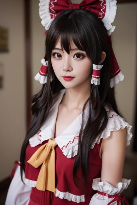 best quality, masterpiece, real,realistic, photo,photorealistic,cowboy shot,looking at viewer, 
1girl, beautifly face,hakurei reimu \(cosplay\), miko,indoors, 
<lora:hakurei reimu cosplay_728_V3_07:0.6>