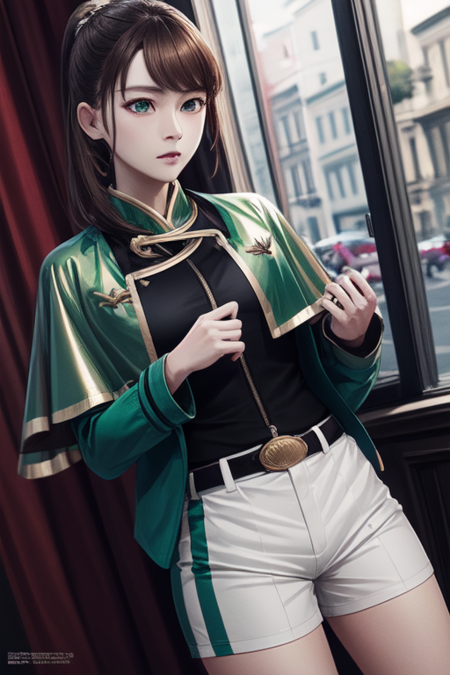 hayami sena, green eyes, brown hair, black belt, green capelet, green jacket, white shorts, long sleeves,