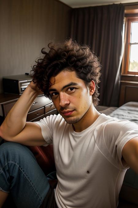 RAW photo, selfie, subject, high quality, armoutstretched, pov, personal, close, self-portrait, white male, afro hair, black hair, ethnic very short hair, wearing a black shirt, room in background, very dark room, very little light
