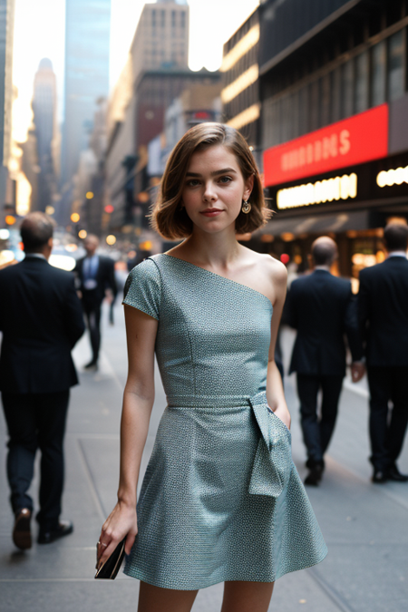 KiernanShipka, photography by (Rodney Smith:1.3), ((face focus, shoulders)), modelshoot, pose, (business dress, facing viewer, busy Manhattan sidewalk, looking at viewer, blurry background, bokeh, ID photo:1.3), grin