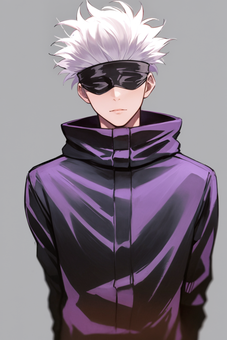 masterpiece, best quality, 1boy, gojou satoru, white hair, short hair, blindfold, black jacket, high collar, upper body, solo, looking at viewer, cartoon, simple background <lora:Gojo:1>