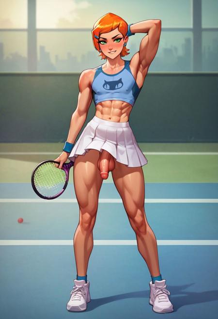 masterpiece, solo, score_9, score_8_up, score_7_up, expressive, Gwen_tennyson from ben10, femboy, medium cock, perfect eyes, muscular, perfect nose, perfect face, perfect body, dominant femboy, perfect cock, , flaccid cock, relaxed, spread legs, long closed skirt, tennis skirt, white sneakers, standing, cock_under_skirt, bulge cock