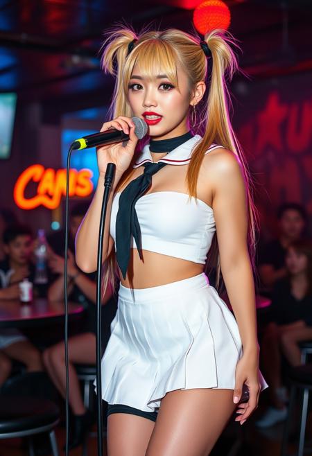 A masterpiece scene, photogenic soft lighting, an extremely detailed photograph with vivid natural colors of a young sexy cute Japanese woman in a sailor moon inspired outfit signing a metal song in a karaoke night club, full body.
The woman is wearing a white crop top with a black tie and a tiny white pleated skirt leaving her midriff exposed showing her toned slim belly and navel, while her thick thighs are partially covered by nylon black thigh-highs and below them a pair of shiny black school shoes, she also has long slick blonde hair with twintails haircut and black lipstick and eyeliner, she is holding the microphone with both her hands and leaning forward to passionately shout into it, every muscle in her face expresses her infectious energy and enthusiasm, droplets of sweat are subtly streaming down her dave and exposed belly and thighs, she has beautiful detailed green and golden eyes, alluring, seductress, looking at viewer, perfect anatomy
4K digital photo quality, bokeh, vivid rich colors, depth of field, extremely detailed background, maximalist, life-like masterpiece realistic photo, hyper-realism, photogenic soft atmosphere, dynamic scene, absurdres, 8k photography, three point perspective, Ultra-realistic, extreme amount of details thay mimic richness of real life.