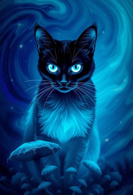 Highly detailed glowing blue ethereal ghost like almost see-through black cat with glowing white eyes.  Swirling background composed of rich blues, teals, and purples, suggesting a mystical with cosmic stars environment. The backdrop appears almost liquid, with the colors merging and flowing into one another, creating a dreamlike, ethereal atmosphere. Below the cat, abstract, mushroom-like forms and organic shapes emerge, enhancing the otherworldly feel of the image. The cat’s bright, piercing eyes draw attention, making it the focal point of this enchanting and mysterious scene, as if it exists within a magical or alternate dimension.