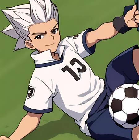 best quality,masterpiece,8k quality,best pixels,<lora:Axel Blaze:0.7>,1boy,mature_man,Axel Blaze,(white hair),soccer field,facing the viewer,standing,holding a soccer ball,smiling