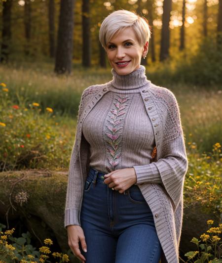 <t2n1v1>, nature, outdoor, Colorful flowers, undergrowth, warm light, sunset, upper body, breast, smile, Cloak, intricate, detailed eyes, jeans, (Knit turtleneck)