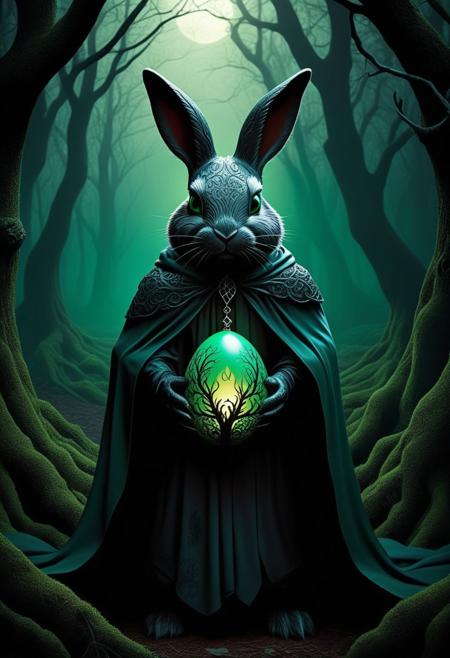 A hauntingly beautiful dark fantasy illustration of an Easter Bunny, cloaked in shadows and partially obscured by a veil of darkness. The Bunny is adorned with intricate, menacing tattoos and wears a sinister smile. It holds a large, ominous egg that glows with a sickly green light. The backdrop of the scene is a twisted, gnarled forest, with eerie moonlight casting long shadows across the ground.