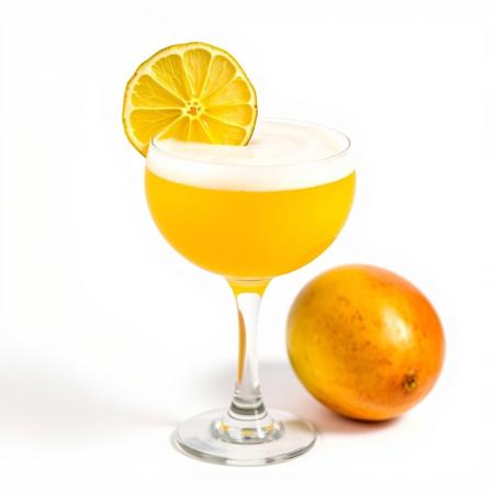 simple product Photography image on a plain, blank, pure 100% bright white background of a foamy mango pisco sour in coupe glass with dried lime wheel garnish and a mango beside it. zoomed out.