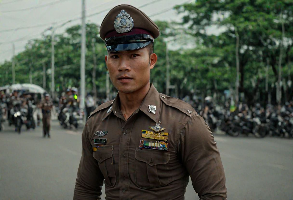 cinematic still of 30 year old handsome muscular Thai man in brown police uniform and hat, standing in Bangkok streets, highly detailed, intricate details, shallow field of depth, cinematic lighting