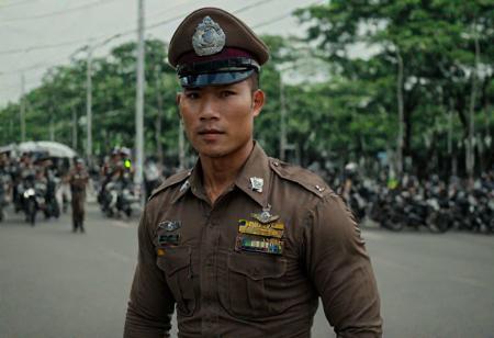 cinematic still of 30 year old handsome muscular Thai man in brown police uniform and hat, standing in Bangkok streets, highly detailed, intricate details, shallow field of depth, cinematic lighting
