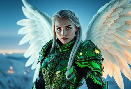 37 yr old hungarian woman in ceramic extremely reflective and green christmas power armor, , majesticwhite feathered angel wings, solo, shoulder armor, glowing golden eyes, , pauldrons,  long white braided hair, looking at viewer, christmas , flying over antarctica