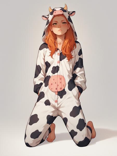 cow onesie, solo, cow print, animal costume, barefoot