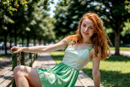 girl,18 years old, (perfect face), (green eyes:1.2), street on background, (hair ornament:1.2), (perfect loose ginger hair), (white dress), summer dress, (dynamic pose:1.4), (happy look:1.2), sit on bench, BREAK. shallow depth of field,bokeh,natural lighting,((high quality)),film grain,Fujifilm XT3,4k,uhd,RAW photo,masterpiece,photorealistic,((ultra-detailed)),  <lora:Body Type_alpha1.0_rank4_noxattn_last:2>, <lora:Breast Slider - Pony_alpha1.0_rank4_noxattn_last:2.5>, <lora:age_slider-LECO-v1:-2>, <lora:zoom_slider_v1:-1>,