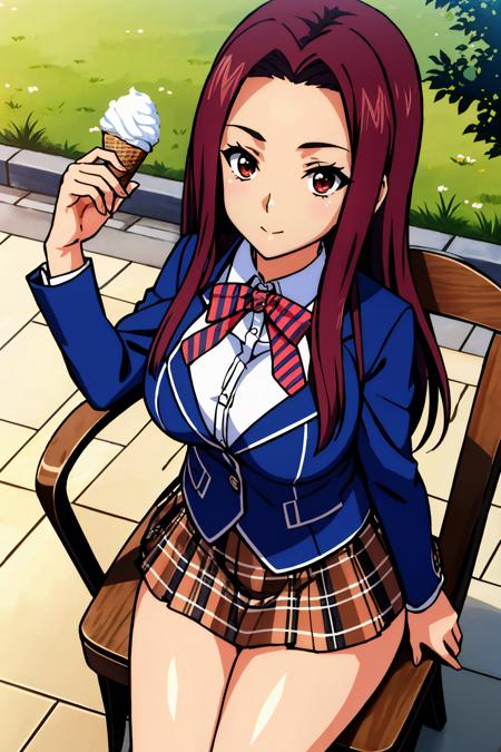 masterpiece, best quality, <lora:sakakiryouko-nvwls-v1-000008:0.9> sakaki ryouko, blue blazer, bowtie, plaid skirt, large breasts, sitting, holding ice cream, from above, tree, chair