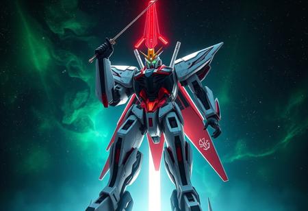 Superdimensional Robot Galaxy Destroyer, vast scale, predominantly white with crimson and obsidian metallic plating, luminous yellow head, black optics, stands centered, wielding a radiant ruby sword aloft, dynamic action pose. Background: emerald nebula green galaxy, stark cosmic gateway. Dramatic lighting, epic composition, creative low angle. Matte painting, digital art, highly detailed, Octane Render, Unreal Engine 5. CGSociety, trending on ArtstationHQ. Golden ratio, 4K, high resolution.