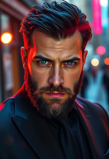 A simple uncluttered mid-length high-fashion photo of a 30yo 7' tall, broad-shouldered, muscular scruffy rugged extremely-attractive bearded burly dangerous-looking criminal Italian-man mob-boss sexy male-model with dark-hair wearing a black suit. His gaze is intense, his blue eyes well-lit. lens-flare, vibrant, highest-quality, iridescent, street-photo, urban, red, white and blue color-scheme, light-art, in-motion, dynamic