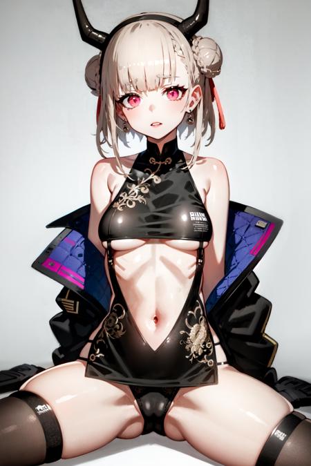 1girl, solo, breasts, hair bun, double bun, jacket, thigh strap, jewelry, bare shoulders, antlers, looking at viewer, earrings, sitting, grey hair, chinese clothes, china dress, braid, dress, tassel, black jacket, parted lips, horns, hairband, panties, underwear, black panties, simple background, tassel earrings, pink eyes, off shoulder, underboob, short hair, white background, medium breasts, bangs, open clothes, red eyes, small breasts, sleeveless, floral print, open jacket, white dress<lora:NecoStyle:1>