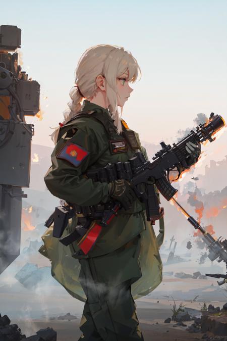 militaryru, masterpiece, best quality, absurdres, 1girl, battlefield, ruins, (fire, fog), ((from side)), profile, holding gun, assault rifle, kalashnikov rifle, akm, ak-47,
techwear jacket, black gloves, long hair, braid, serious, (aiming), (mechanical arms) russian flag,  <lora:militarytyan:1>, military uniform, military, soldart, body armor, green military uniform, green clothes,