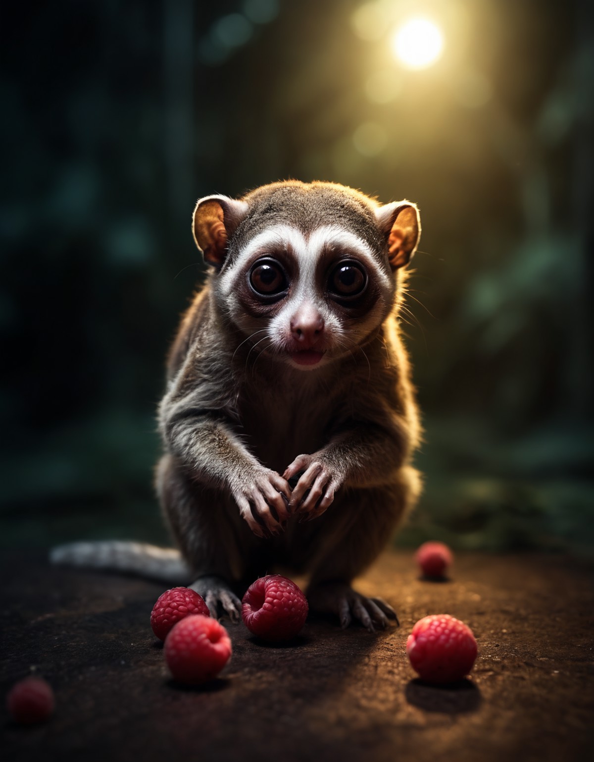 The scene depicts a wild Slow Loris, with the speed of its motion leaving behind traces. The animal's gaze is focused and ...