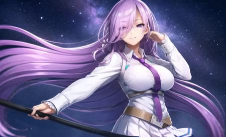 1girl, long hair, solo, skirt, purple eyes, necktie, breasts, purple hair, weapon, very long hair, white skirt, polearm, smile, large breasts, pleated skirt, low-tied long hair, holding, looking at viewer, thighhighs, shirt, purple necktie, hair over one eye, holding weapon, white shirt, eyes visible through hair, belt, long sleeves, ((masterpiece)), (((best quality))), ((ultra-detailed)), ((illustration)), finely detail, extremely detailed CG unity 8k, highres, beautiful detailed eyes, finely detail, beautiful detailed eyes,  <lora:lightAndShadow_v10:0.8> ,starry sky, moon ball,