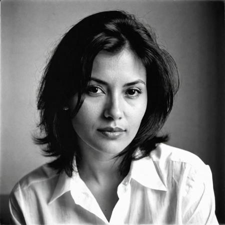 italian woman 30 years, facing camera, leaning forward, white shirt, tilted head, black hair, dark and blurry background, half body shot,  1990 hairstyle and look, dark mood, ilford hp5 plus 400, medium format 6x6 camera,artsy, shadows, wide angle, contact test, damaged print, faded, grainy,blurry, pixelated, motion blur, vignette, high contrast