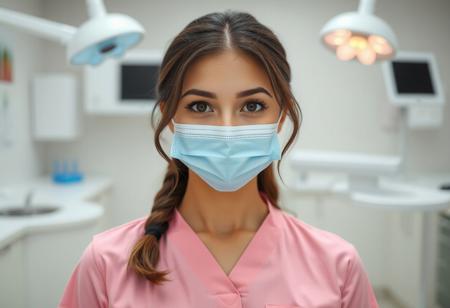 medium shot, symmetrical front view of a Beautiful real young woman, pink clinic uniform, dental work space at the background