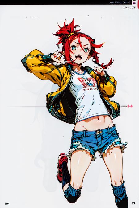 masterpiece,best quality,official art,extremely detailed CG unity 8k wallpaper,((white background)),
1girl, blue_shorts, braid, denim, denim_shorts, jacket, letterboxed, midriff, navel, open_mouth, red_hair, shoes, shorts, sneakers, socks, solo, twin_braids