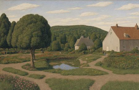 style of Henry Moret, arboretum ,stand ,farm ,field , Oasis ,