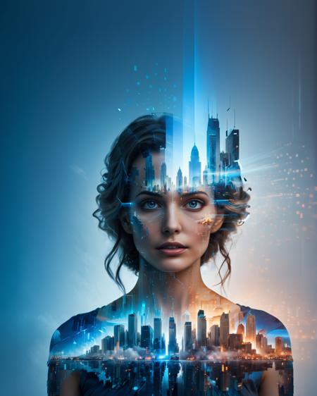 cinematic , grey mysterious holographic utopian cityscape double exposure on fearful woman silhouette,(glowing blue energy nimbus:1.4) ,futuristic metallic fabric, dissolving into pixels, fading into dust, maximalism, (cinema movie poster:1.2),(unease:1.1),  <lora:xl_more_art-full_v1:0.5> <lora:add-detail-xl:0.9> <lora:Aether_Pixel_v1_SDXL_LoRA:0.5> <lora:Double_Exposure:0.9>