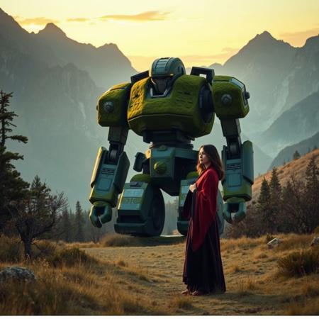 A giant robot cowboy sits in a valley, moss-covered robot.  A beautiful woman in traditional priestess robes stands in the foreground, thoughtful. mountains in background. sunset sky.
